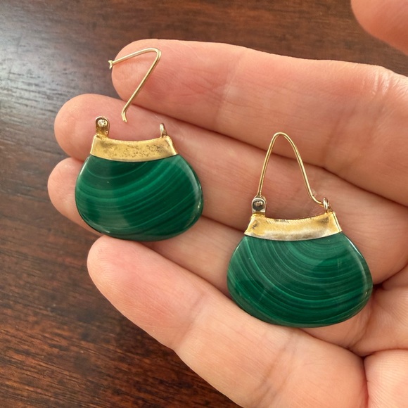 Natural malachite gold plated sterling silver drop earrings - Picture 3 of 7